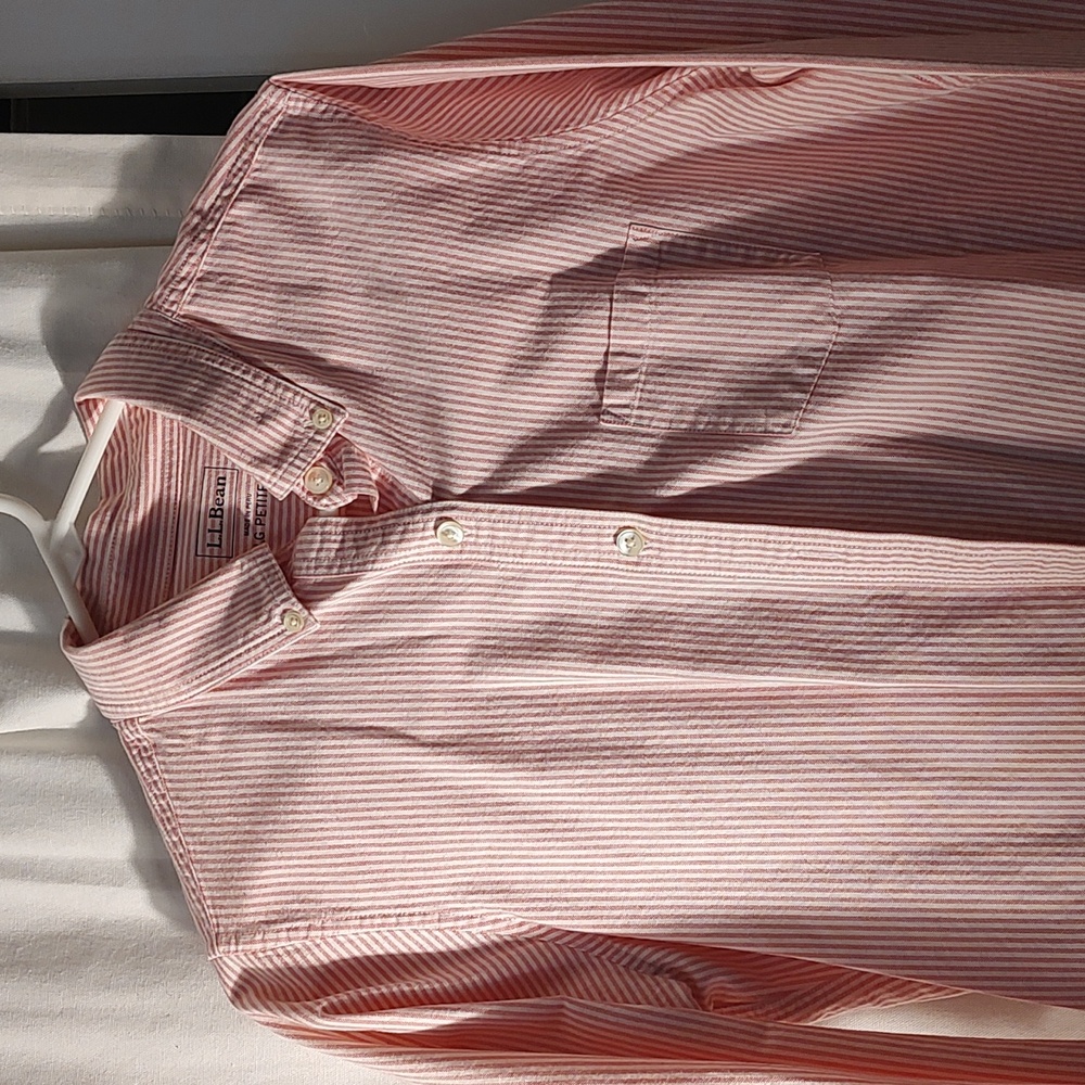 LL Bean striped button down, women's petite Large, pink & white